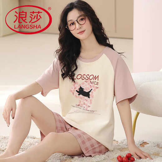 Langsha (Langsha) Pure Cotton Pyjamas Kurzärärmelte Frauen 2025 NEUE SOMMER Pink Plaid Shorts Sakura Black Cat Home Clothing Set OY723 2XL (geeignet für Gewicht 130-150 Jin [Jin gleich 0,5 kg])
