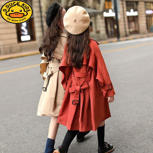 
G.DUCKKIDS children's clothing girls' coat spring and autumn new Hepburn style medium-large children's windbreaker fashionable girls' double-breasted coat long khaki 160 recommended height 150-155cm 12-13