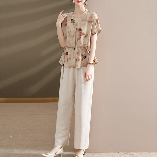
Mom summer suit fashionable tops waist-hungry and make middle-aged and elderly women's summer short-sleeved shirt two-piece set 9435 light green suit XL _[Suggested 90-105Jin[Jin equals 0.5 kg]]