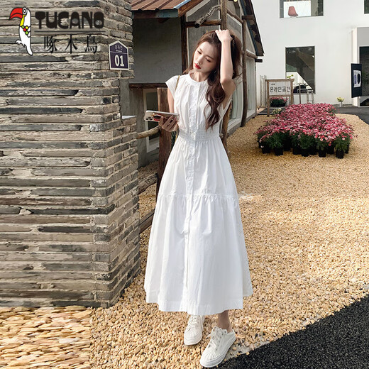 Specht weißes ärmelloses Kleid für Frauen im Sommer 2025 Neues französisches Temperament Temperament Trümmer und schlanker Erster Liebe sanftes Hemdrock weiß verbessertes Version L [gebaut 125jin [Jin gleich 0,5 kg]]