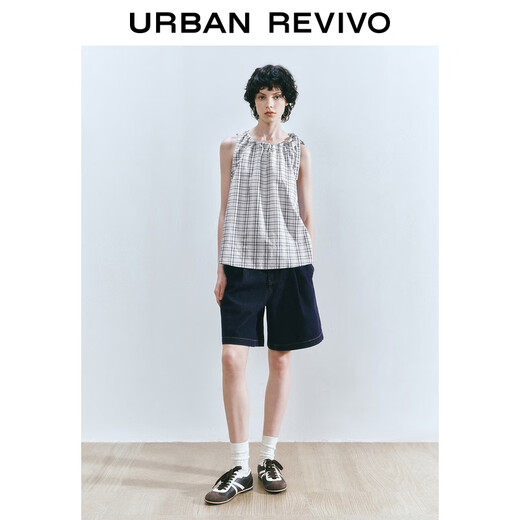 UR2025 Summer New Women's Simple Check Randeveless Tie-Fitting Ship Blous