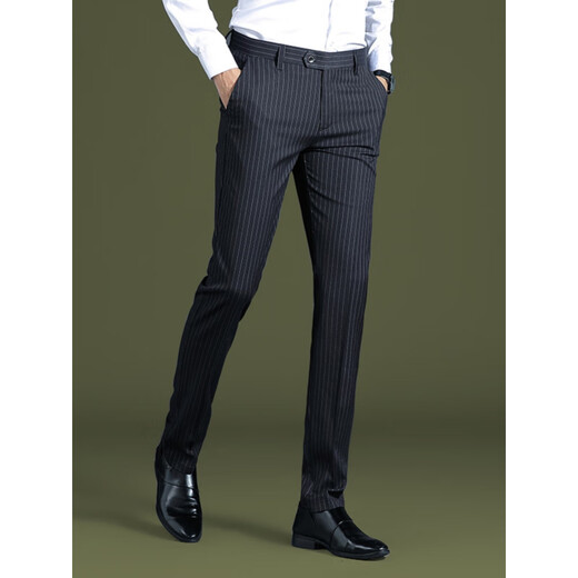 
Seven Wolf (SW1960) striped trousers for men 2025 new ice silk straight slim casual pants draped business formal suit summer thin 9901-pure black-summer thin 29
