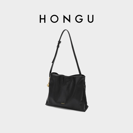 Honggu Bag Women's 2025 New Top Cowhide Armpit Bag Commuter Work Cowhide One-Shoulder Bucket Bag Women's Bag Black