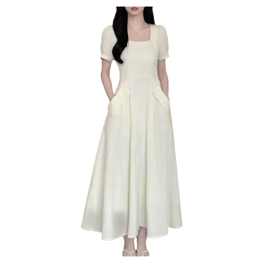 皮尔卡丹（pierrecardin）有内衬温柔风法式白色连衣裙女2025夏季新款长裙子茶歇显瘦1585 杏色短款 S 100斤以下
