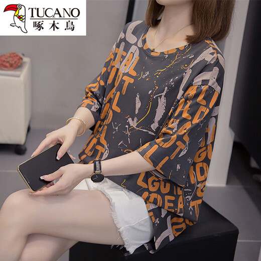 啄木鸟2025夏装加纯棉短袖T恤女遮肚子宽松显瘦休闲百搭上衣女 6629灰色 XL 【125-140斤左】