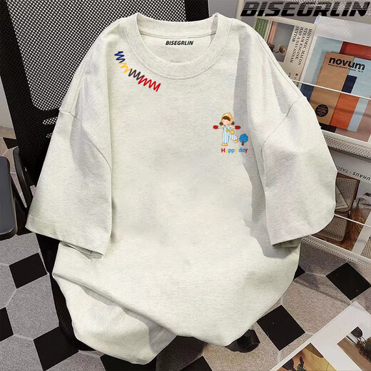 Bisegrlin Schwergewichtige Pure Cotton American High Street gedrucktes kurzärmeliges T-Shirt für Männer und Frauen Sommer Lose fauler Paar Tops weiße Blume grau-k761 l