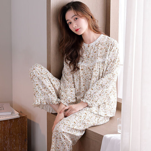 SHUO GU JIN official pajamas for women spring and autumn pure cotton long sleeve women autumn cotton large size autumn and winter thin casual home clothing X1517 whale ash M Recommended 80-100Jin [Jin equals 0.5 kg]