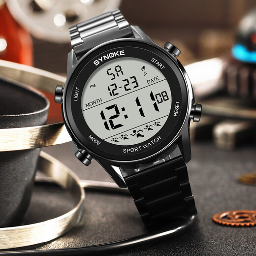 Shinuoke Stahlgürtel Sport Elektronische Uhr wasserdichte Multifunktion mit großer Leuchtschriften Mode -Modedesign zweiter Wecker 9858 Schwarz