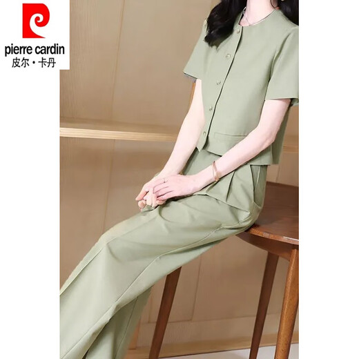 皮尔卡丹（pierre cardin）时尚套装女夏季2025新款洋气显瘦御姐圆领短袖衬衫直筒裤两件套女 12608-黑色套装 L 【建议95-110斤】