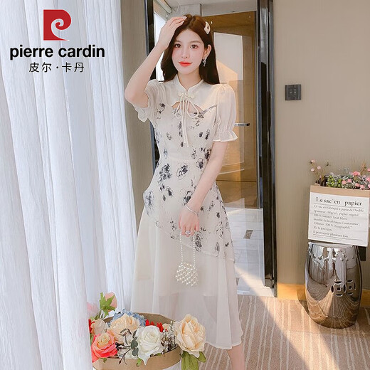 皮尔卡丹（PIERRE CARDIN）复古国风新中式改良旗袍连衣裙2025夏季新款时尚印花假两件套裙子 6169-杏色 S