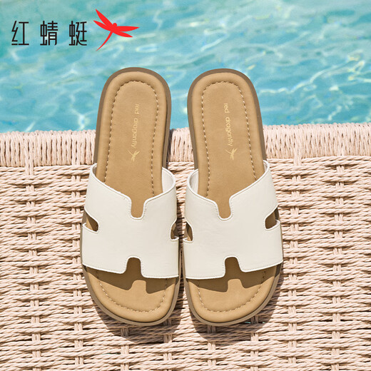 红蜻蜓拖鞋女2025夏季简约时尚户外一字拖平跟拖WTK25305 米白色  39 