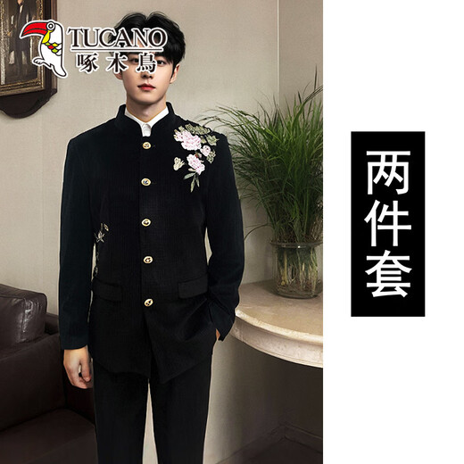 Woodpecker New Chinese Style Peony Butterfly Embroidered Suit Suit Men's Chinese tunic suit Chinese style Tang suit jacket groom wedding black two-piece suit jacket + pants L 141-155Jin Jin equals 0.5 kg