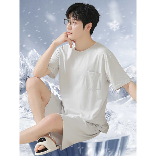 Cat Man Cotton Silk Pajamas Men's 2025 Été Été Nouveau homme à manches courtes pour hommes Glacier Men's Grey Home Clothing Summer Style LT: 3519 Green Clothes Icon Cotton Silk Silk Shorts à manches courtes l [Soft and Friendly, Silky Feel]