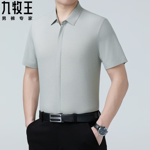 Ropa masculina de Jiumuwang, gusano de seda de morera. Camisa de seda, hielo casual de negocios de mediana edad corta. Camisa oculta de planchado sin seda 6913# gris verde, tamaño promedio 165/84a peso 95-115Jin [Jin es igual a 0,5 kg]