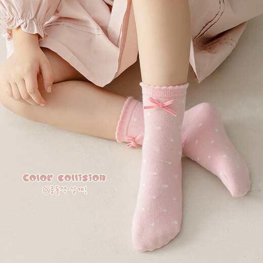 Catman Children's Socks Girls Spring and Autumn Princess Cotton Socks Lace Bow Student Middle School Girls Girls Baby Mid-calf Socks Polka Dot Plain - 4 Pairs 3-5 Years Old (M) Recommended Shoe Size 19-25