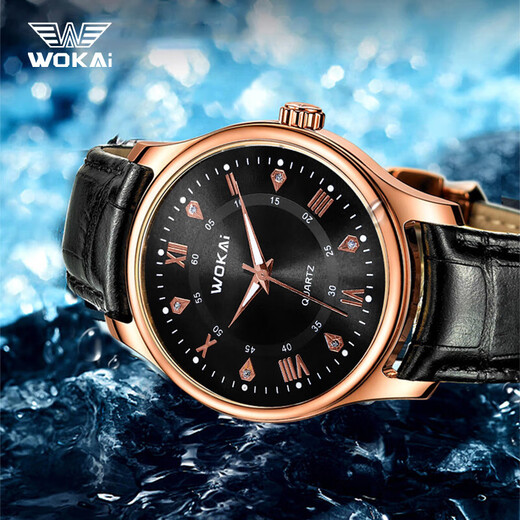 Popular business men's watch Roman scale black belt gold case black face simple and versatile fashion gold case black face black belt