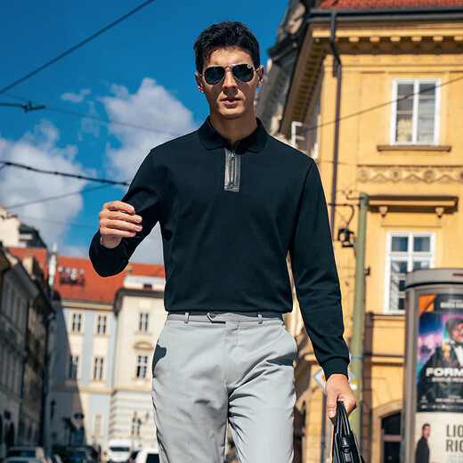 Mr. Cloth Fashion Zipper Lapel Long Sleeve POLO Shirt Men's 2025 Autumn New Business High-end Top BT16863 Piano Black S (165)