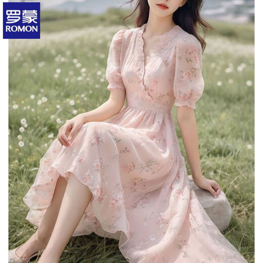 Vestido floral Romon Pink For Women Gentle Style Break French French Beautiful First Love Temperament que abraza a la cintura de hadas Pink M Recomendado 95-115Jin [Jin es igual a 0.5 kg]