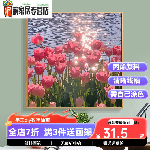 咔佐郁金香数字油画diy填充手工减压手绘填色油彩画丙烯涂色装饰挂画 SJ3897 60*60cm相框(颜色可选)+画笔颜料