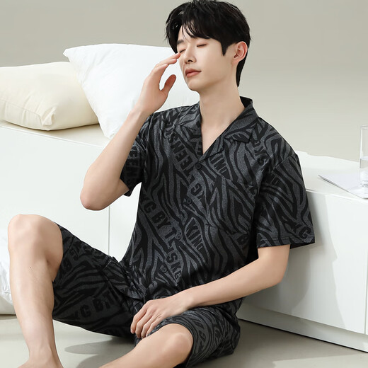 山头林村2025年新款睡衣男款夏季短袖短裤夏天夏款薄款家居服男士大码套装 6627男款 M 标准(高165\100斤)