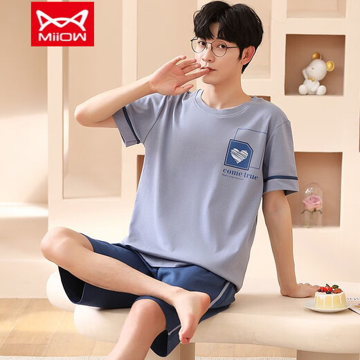 猫人（MiiOW）睡衣男夏季棉质短袖短裤青少年宽松家居服夏天薄款可外穿中年套装 H9928（短袖短裤） L （建议100-120斤）