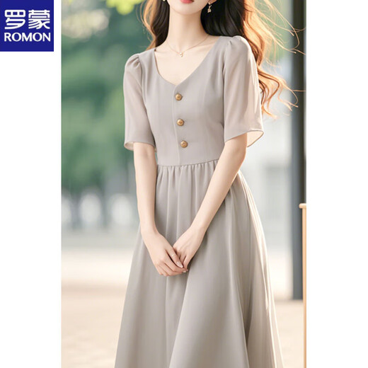 Romon (Romon) 2025 Neues Sommer-High-End-Kleid mit kurzärztem Kleid für Frauen, würdiger und atmosphärischer langer Rock cooler Stil Graues Chiffon Grey Kleid xl