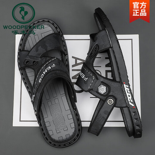 Spechts Sandalen Herren 2025 Neue Sommer im Freien Dual-Use Non-Rutsch-Strandschuhe Leder Leder-Sandalen Pantoffeln Männer schwarz 39