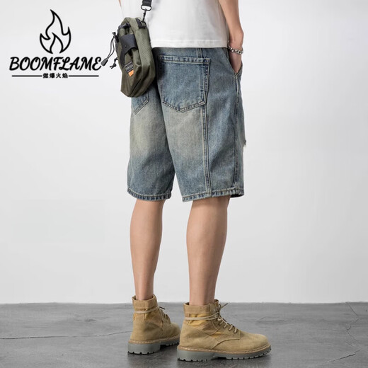 燃爆火焰 BOOMFLAME美式休闲复古乞丐破洞牛仔短裤男宽松潮流痞帅五分裤夏季薄款中裤 719蓝色 28 95-110斤