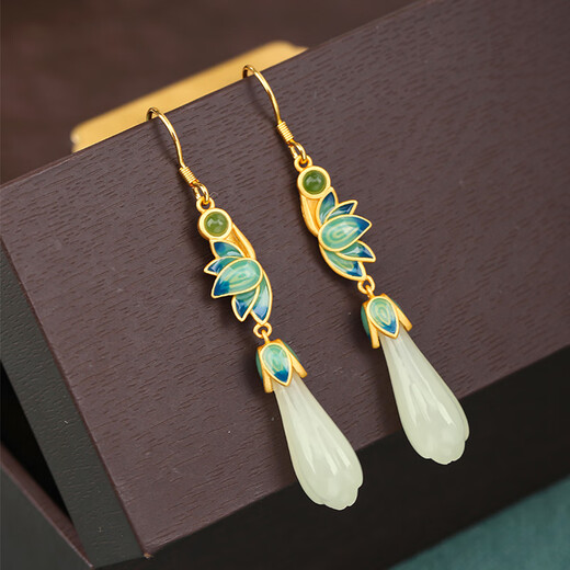Little Silversmith Hetian Jade S925 Silver Magnolia Earrings Women's Enamel Lotus New Chinese Style Earrings Earrings Birthday Gifts