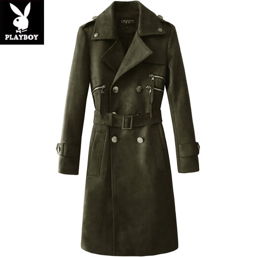 花花公子（PLAYBOY）复古麂皮风衣男士春秋季新款时尚欧货流苏帅气中长版外套男装潮流 军绿色 男款 S