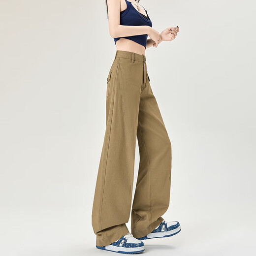 卡其色纯棉工装弯刀牛仔裤女2025夏季新款高腰宽松垂感加长阔腿裤 卡其色长裤 XL 码 建议120-130斤