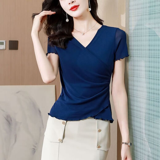 DryWorld2025 Summer Silk Extraño NUEVA Cross Cross Classic Color Solid Color Design Tope de malla Cobalt Base Tobalt Blue [Versátil de alta gama 9923 Azul] M