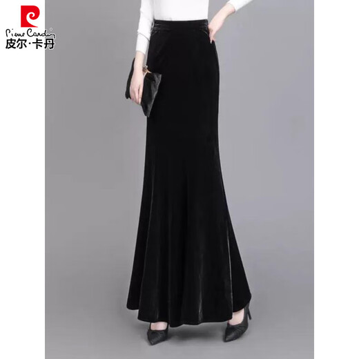 Pierre Cardigan long gold velvet skirt fishtail skirt spring draping effect slimming tall women hip-covering long skirt showing temperament black 2XL 140-155