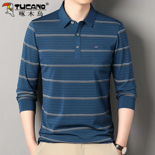 
Woodpecker striped long-sleeved T-shirt for men in spring and autumn new casual middle-aged and elderly daddy lapel pocket base middle-aged top SY-CX-6627 green thin XL 175/135-155Jin[Jin equals 0.5 kg]