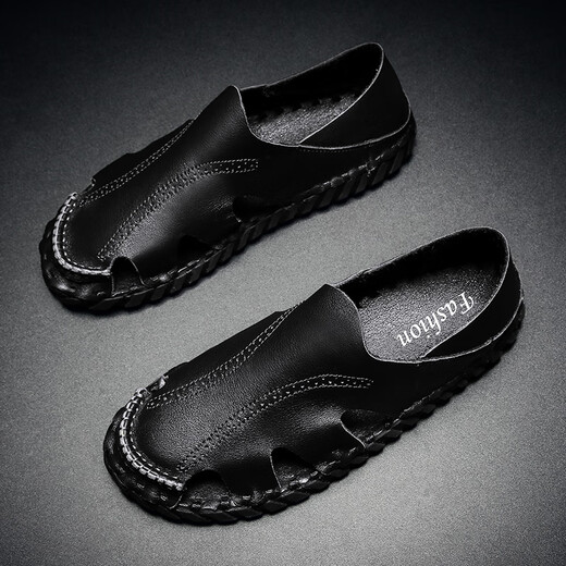 STEFFIE LOVE Roman sandals men's 2025 new summer lazy driving soft sole casual leather shoes fashionable hollow dual-purpose leather sandals 9925 black 39