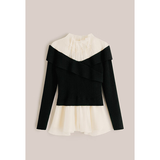 OBBLIGATO Origato spring pleated stand-up collar beaded contrast patchwork sweater black sweater L