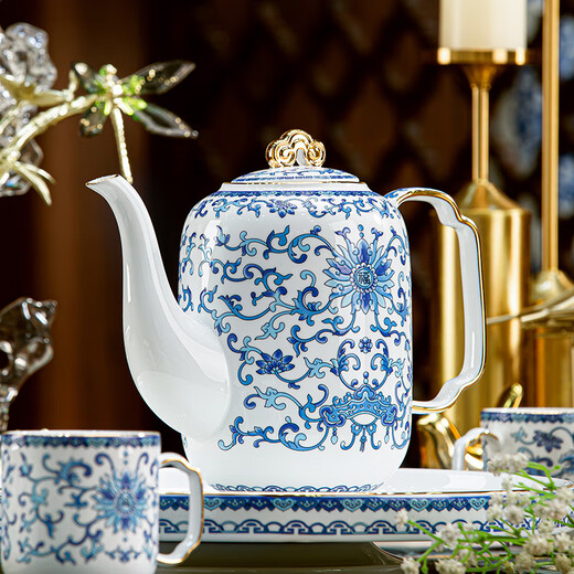 Hanming Jingdezhen Enamel high-end tea set complete living room household ceramic kettle and cup set moving to new home gift with tea and water separation 8-piece set | gift box