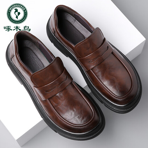 
Woodpecker laceless brown men's shoes spring 2025 new big-head business casual leather shoes solid color wide-head loafers GX9923 brown 38