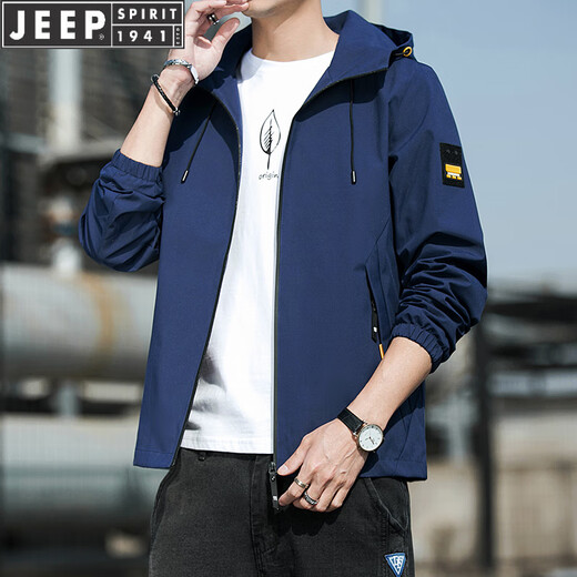JEEP SPIRIT连帽薄款夹克205春秋青年短款外套纯色休闲上衣 K12131黑色 M 【建议100-110斤】