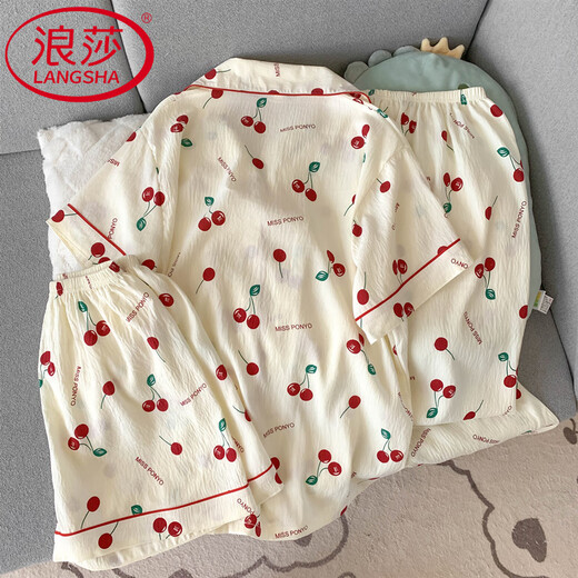 浪莎（LangSha）纯棉纱布睡衣女短袖长裤夏款三件套甜美樱桃外穿开衫家居服春秋季 云朵棉-J9901#乐园小狗三件套 M 【建议75-100斤】