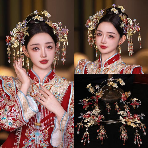 DIOWOW新中式秀禾头饰2025新款感古风新娘发饰秀禾服婚纱礼服配饰 今生有你头饰套装(耳夹)