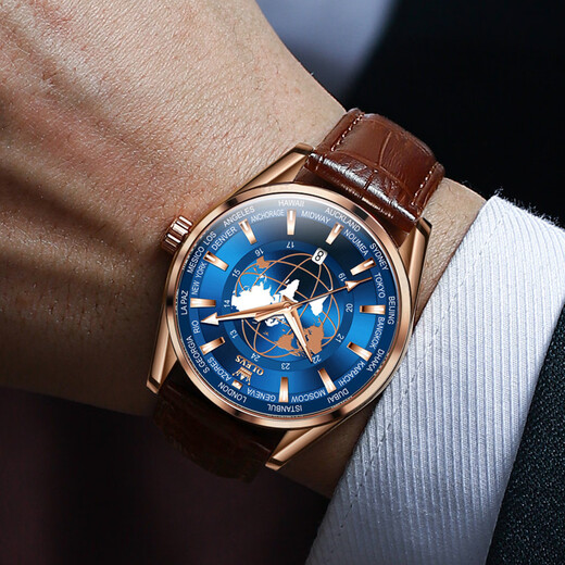 OLEVS watch men's quartz watch business fashion calendar waterproof luminous globe watch bar nail scale 9926 brown leather rose shell blue face men 39mm dial diameter: