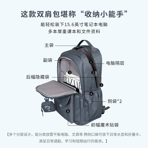 COW backpack men's junior high school and high school college student bag large capacity business commuter backpack light casual bag ink blue gray