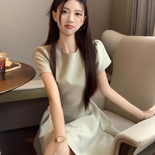 Lan Lianshu French dress skirt for women autumn 2025 new small slim Hepburn style small fragrant skirt French waist short-sleeved dress Green One size fits all Recommended 110Jin Jin is equal to 0.5kg within