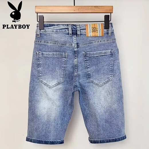 花花公子（PLAYBOY）欧洲站牛仔短裤男士夏季潮牌印花刺绣五分裤潮流修身休闲弹力中裤 浅蓝色CK9925款 28