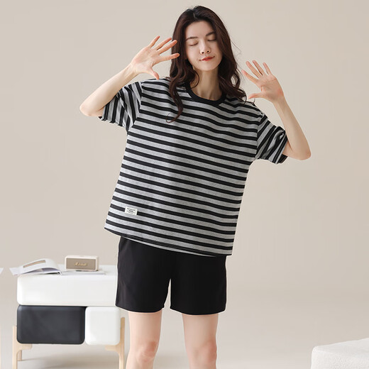 Pang Donglai DL Same style 2025 PAJAMAS POUR FEMMES EN SUMPRE CHEPAGE CORÈS DE COURRES POUR LES STRIPES NOIRS À PORTER AUTOBLES AUTUMES DE MAISON IMPILE YZT9859_SET 3XL_SUGSETED 150-170JIN [Jin est égal à 0,5 kg]