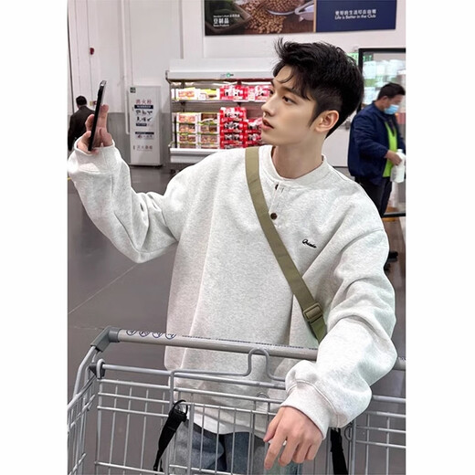 Du Xiaoxian Henry collar sweatshirt men's spring and autumn hoodless American cleanfit bottoming shirt loose trendy brand long-sleeved T-shirt inside white flower gray 2XL recommended 140-160Jin Jin equals 0.5 kg