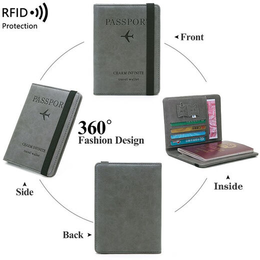 
New RFID anti-theft passport bag skin feeling passport protection case air ticket certificate bag multifunctional travel passport clip grey