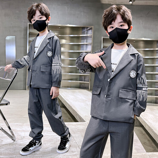 G.DUCKKIDS童装男童西装套装韩版男孩春秋帅气休闲外套儿童西服礼服两件套潮 黑色 130 (建议身高120cm 8-9岁左右)