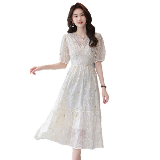 Ehangy Light Luxury Brand Dress for Women 2025 Summer Nuevo sentimiento de gama alta de moda que cubre el vientre versátil de desplazamiento de la luna blanca M